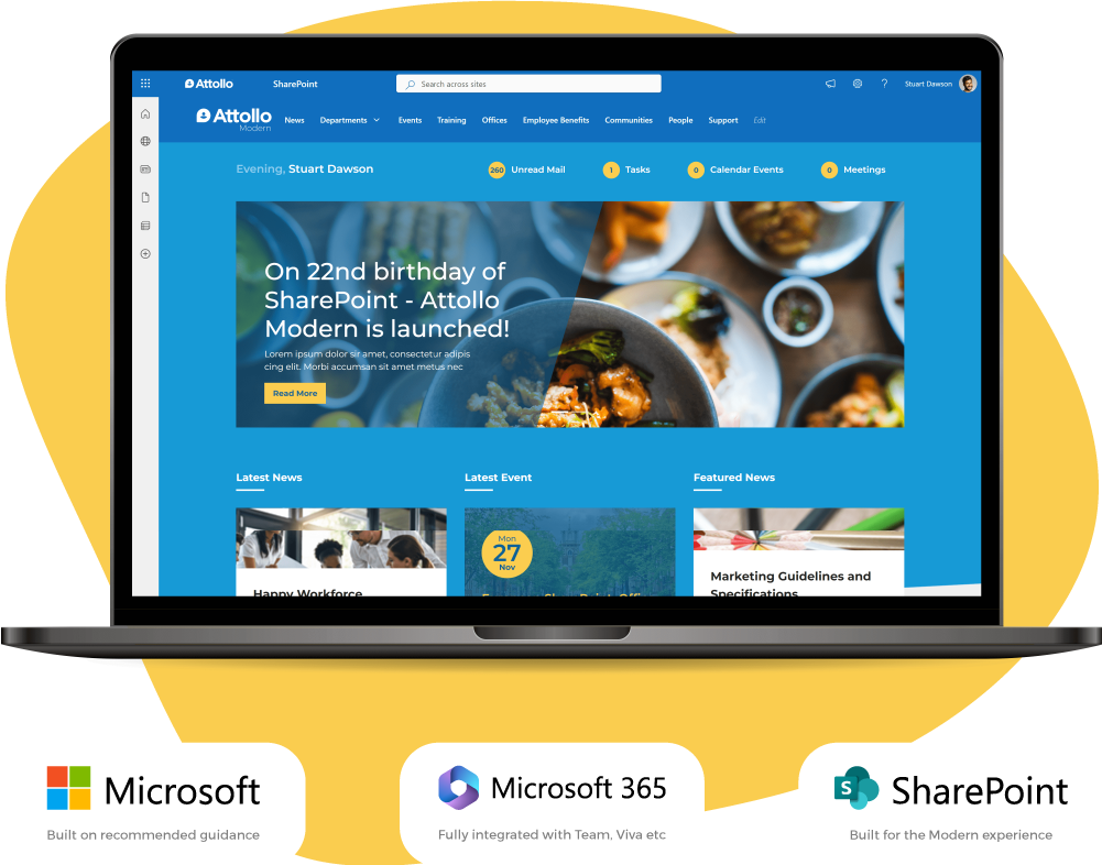 Attollo Intranet homepage with Microsoft 365 technology icons